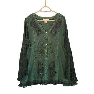Roaman's Forest Green Embroidered Renaissance Button Down Top Rayon Size 20
